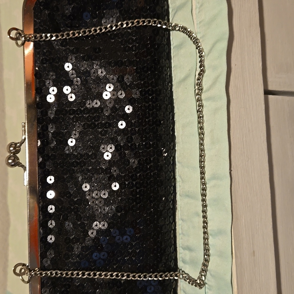 Ann Taylor LOFT Black Sequined Silvertone Evening Clutch.